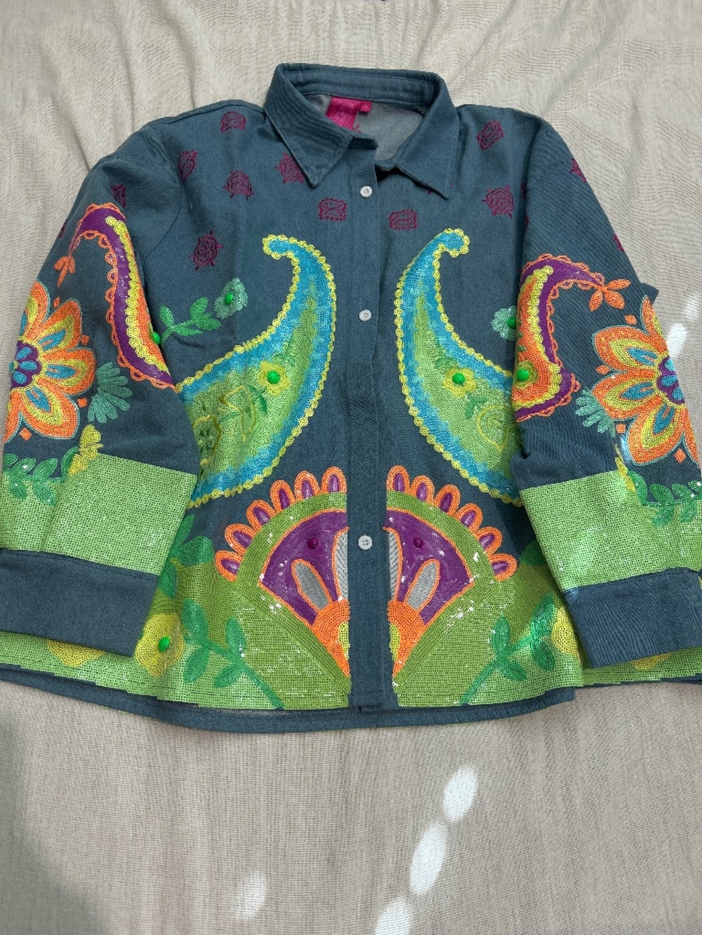 Queen of Sparkles Paisley denim top